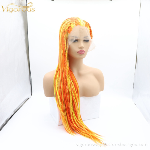 Long straight mixed red gold cheap wholesale high quality heat resistant synthetic braided wig with lace front